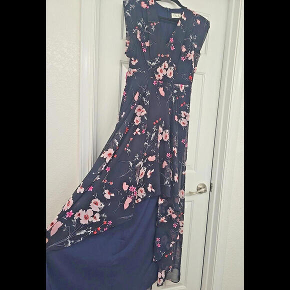 Eliza J High/Low Floral Faux Wrap Maxi Dress V-neckline Lightweight Navy Blue S - Picture 6 of 9